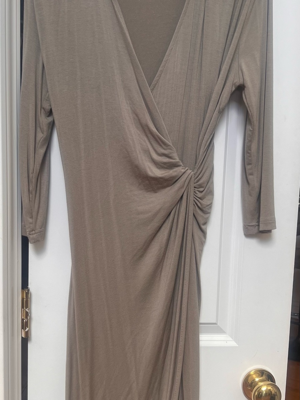 Taupe Wrap-Style Midi Dress - Elegant Long Sleeve Dress